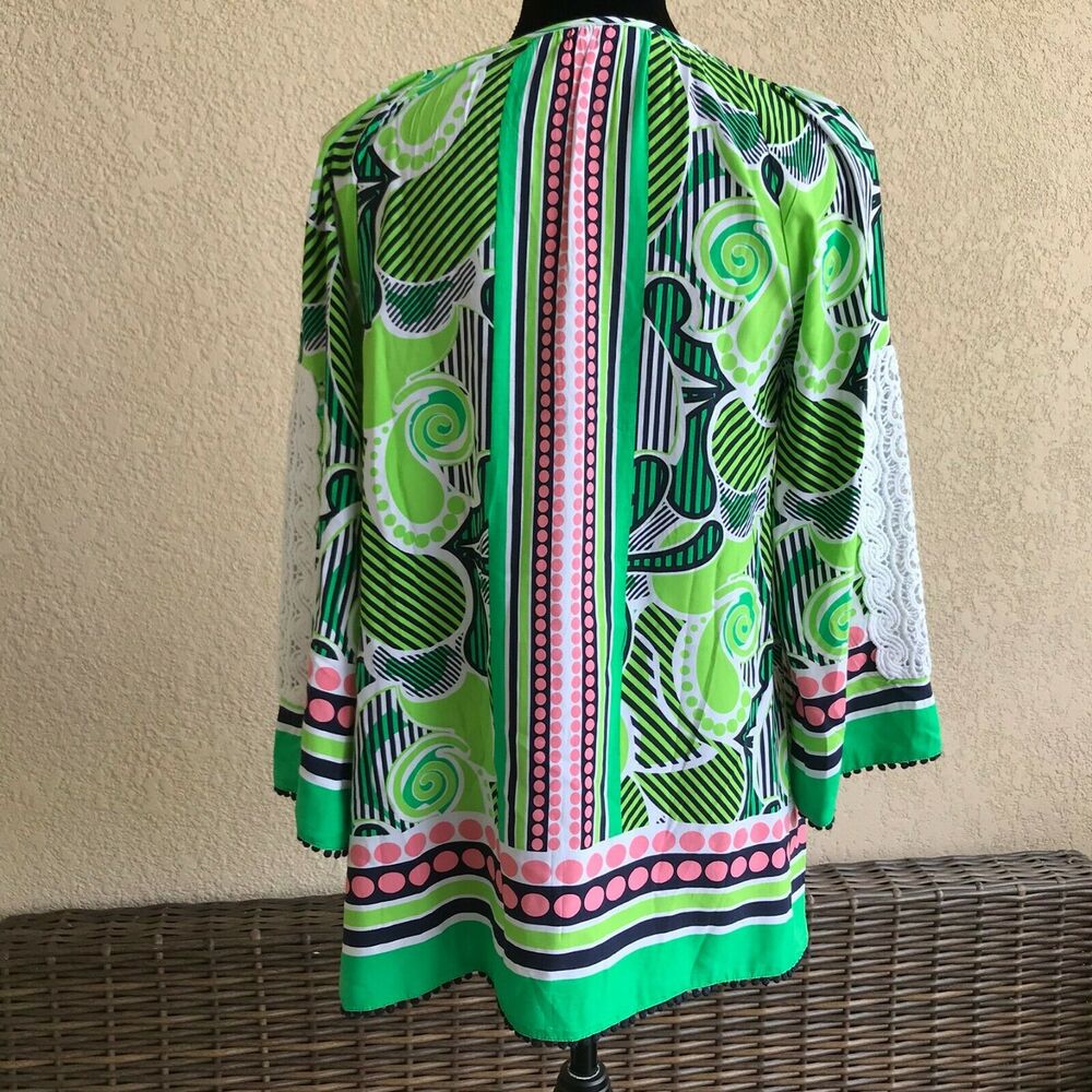 crown & ivy Womens Blouse Size Small Pink Navy Green White Lace Peasant Preppy - Picture 8 of 10